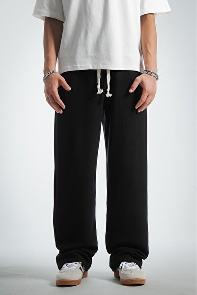 Twobucks Black Waffle Fabric Baggy Men's Sweatpants