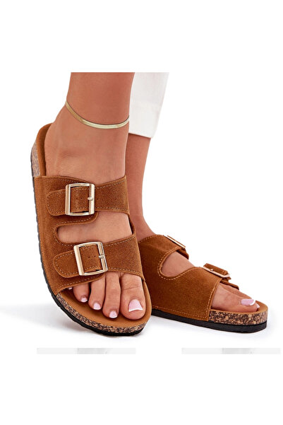 BOTO Papuci de damă cu catarame aurii și cusături, culoarea camelului, Lunera 39