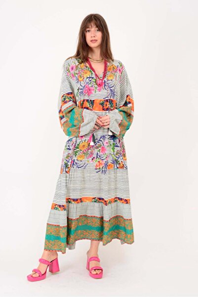 Park Moda An10605 Striped Balloon Sleeve Collar Tailled Dress with Tassel Detail