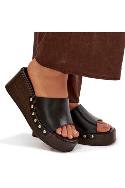 BOTO Șlapi cu platformă pentru femei cu știfturi aurii, negri, Arione 41