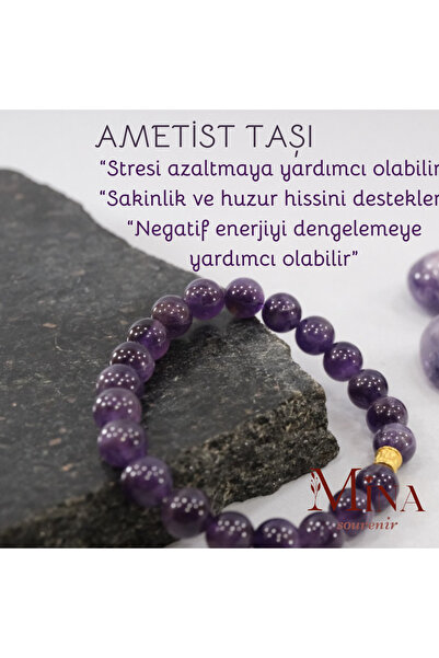 Mina Souvenir Orjinal Ametist Doğal Taş Bileklik – Enerji ve Huzur Taşı,Stres...