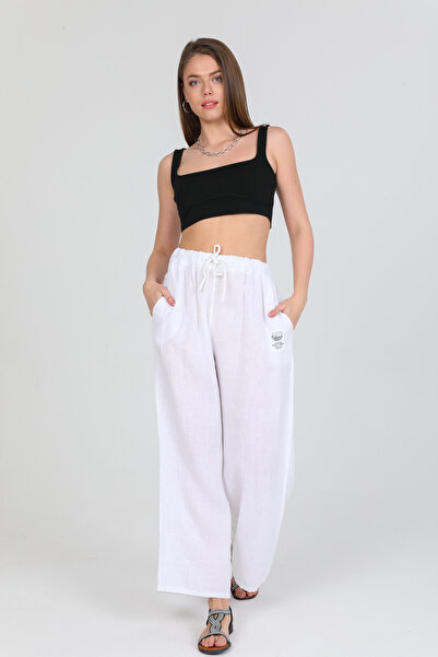 della moor Women's White Italian B Drawstring Waist B Wide-Leg K Linen Trouse...