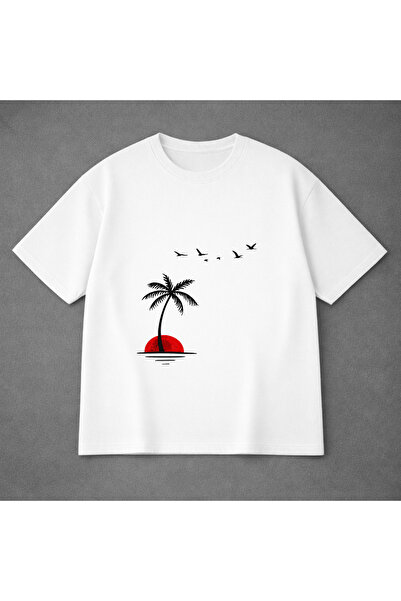 VODEXA Tricou oversize unisex PALME ȘI PĂSĂRI Imprimat 100% bumbac Croială co...