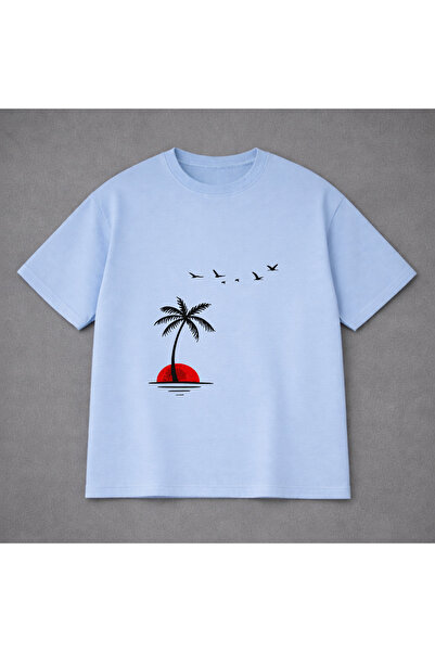 VODEXA Tricou oversize unisex PALME ȘI PĂSĂRI Imprimat 100% bumbac Croială co...