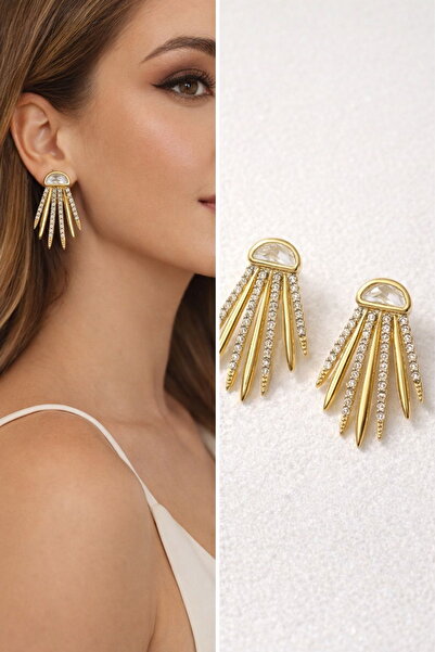 DEMOKAN Women's Earrings Preminium Half Moon Zircon Stone Thorn Model Non-Tar...