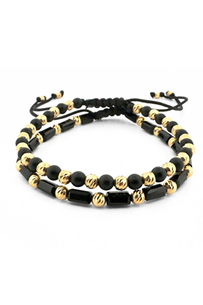 Onixbox Set Bracelets with Silver Beads 4mm Gold Plated 18K, Onyx and Tubular...
