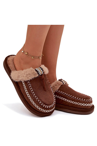 BOTO Papuci de damă cu blană și broderie Perivelle maro 38