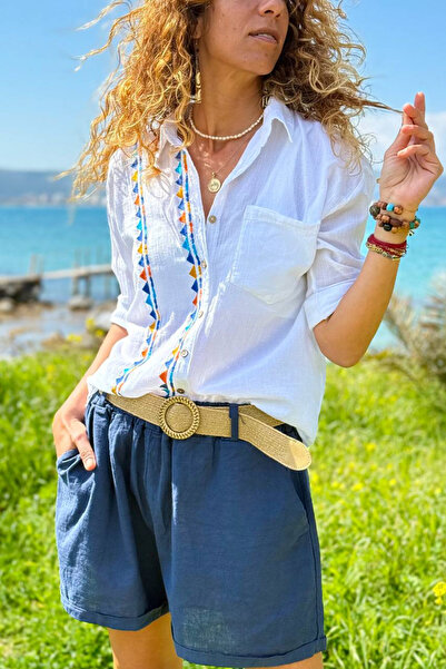 Güneşkızı Cămașă albă din bumbac brodat etnic, țesătură lejeră 65 45