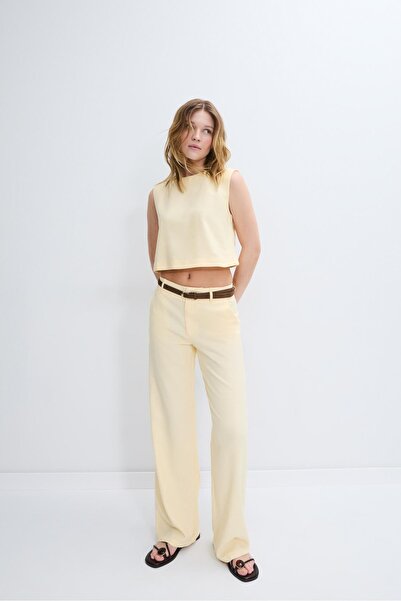 Stradivarius Kemerli, keten görünümlü düz paça pantolon