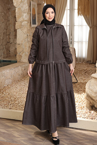 İmajButik Brown Crew Neck Dress with Jacket Set