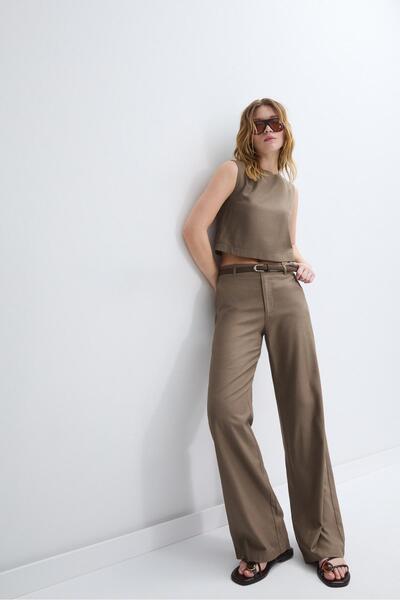 Stradivarius Kemerli, keten görünümlü düz paça pantolon