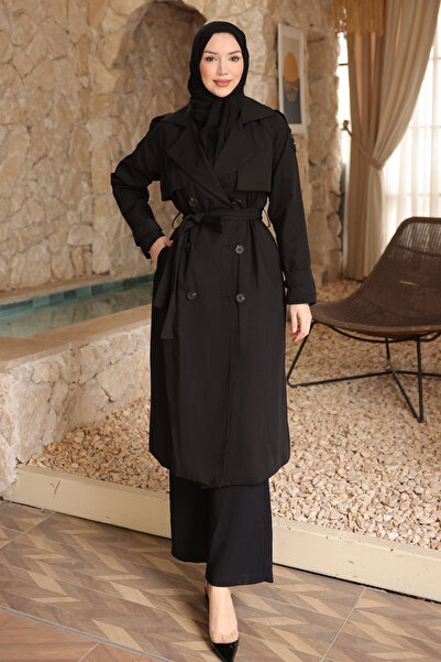 İmajButik Black Double-breasted Collar Lined Trench Coat