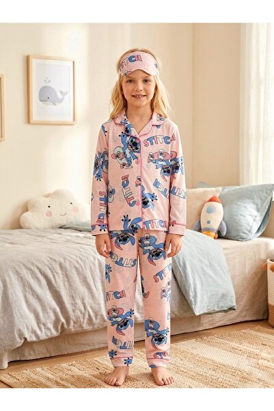 Enie Girl's Character Patterned Long Sleeve Eye Patch Pajama Set