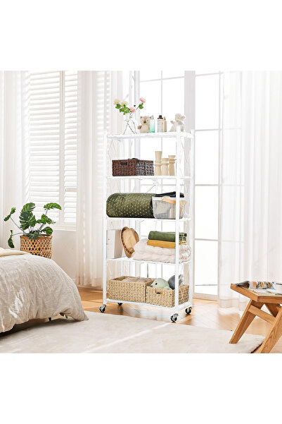 Sumkyle 5 Tier Foldable Storage Shelves with Wheels, Large Capacity Shelving ...