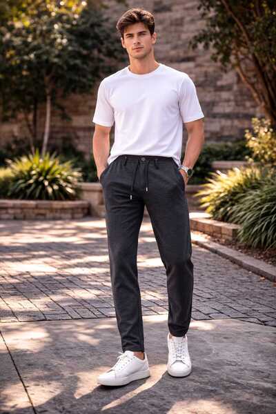 ANATOLIATEKSTILE Men's Casual Pants – Elastic Waist with Drawstring and Butto...