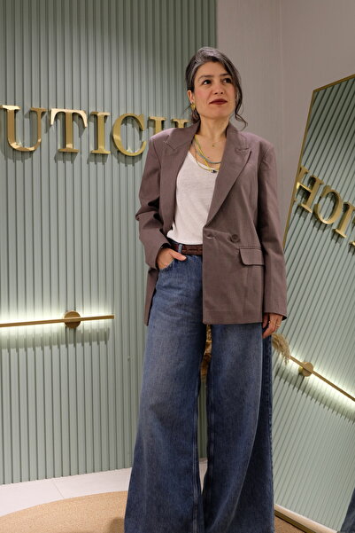 Kadın Koyu Mürdüm Oversize Kruvaze Yaka Blazer Ceket