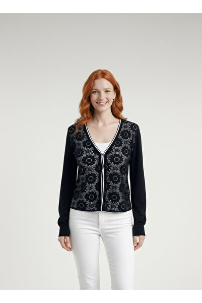 Neden Tekstil Kadın Siyah V Yaka Çiçek Desenli İnce Triko Hırka