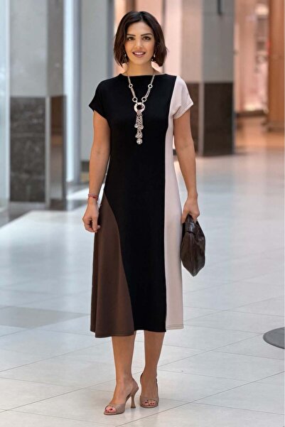 Nevin Kaya Moda Crem Maro Negru 3 Culori bumbac piese modal Rochie din stofa