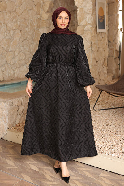 İmajButik Black Balloon Sleeve Belted Dress