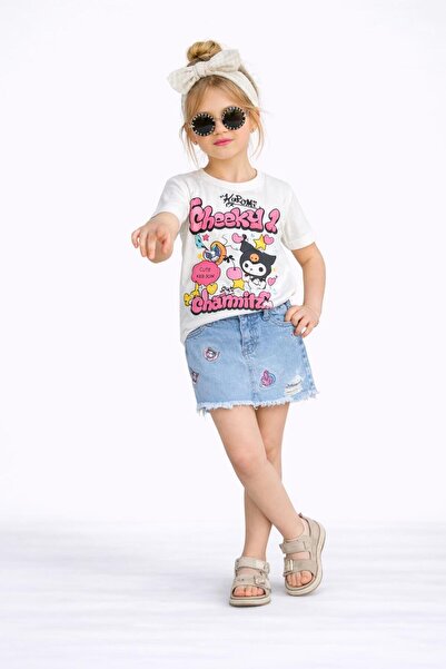 JELİBOOM Girl's Kuromi Printed T-Shirt & Embroidery Detailed Shorts Denim Ski...