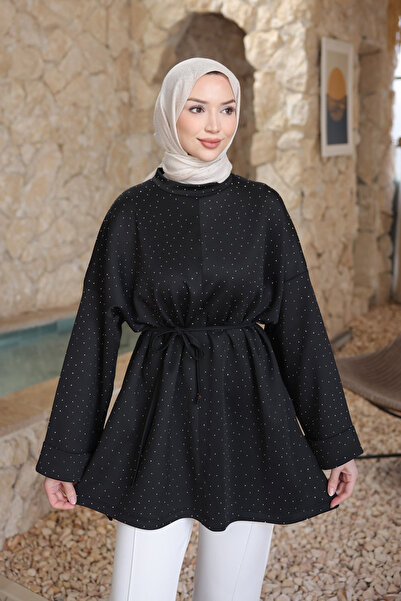 İmajButik Black Stone Detailed Slit Oversized Tunic