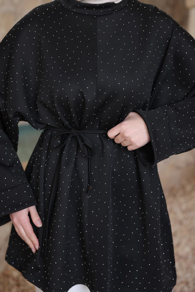 İmajButik Siyah Taş Detaylı Yırtmaçlı Oversize Tunik