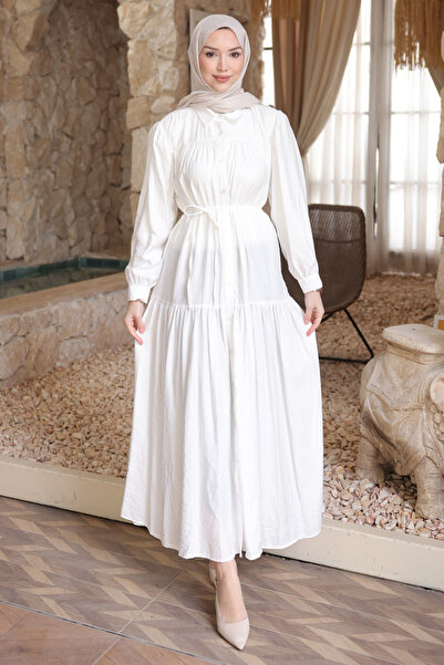 İmajButik Λευκό φόρεμα με πτυχωτή φούστα και κουμπιά