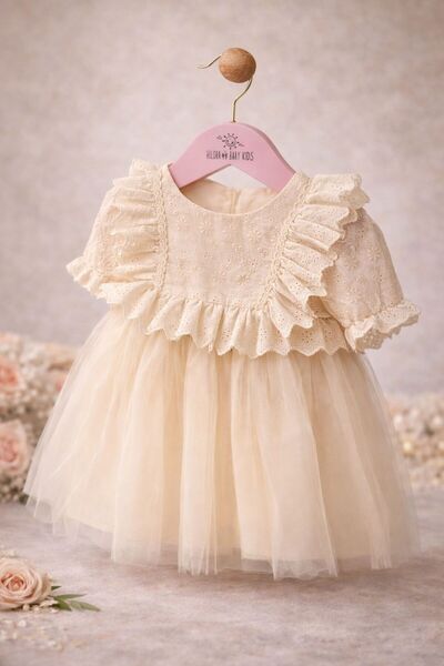 Hilora Baby Kids Kız Bebek Fisto Tüllü Prenses Elbise Dantel Detaylı Krem Öze...