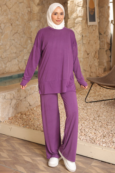 İmajButik modal seturi de tunică mov cu manșete și pantaloni