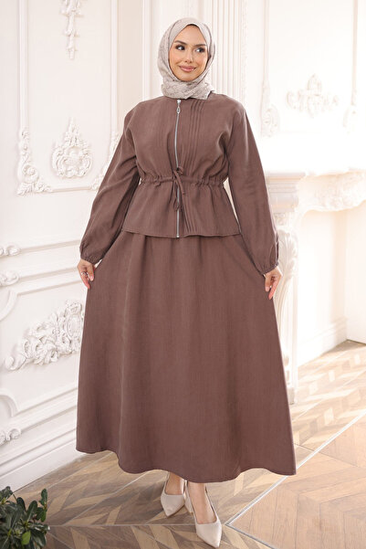 İmajButik Set jachetă și fustă maro, cu fermoar și nervuri în față