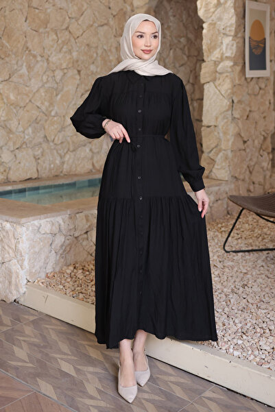 İmajButik Black Skirted Dress with Pleated Buttons