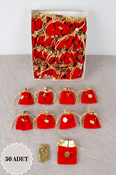 Mortex Kırmızı 50 Adet Dağıtmalık Hediyelik Kına Kadife Kese, Kına Gecesi Düğ...