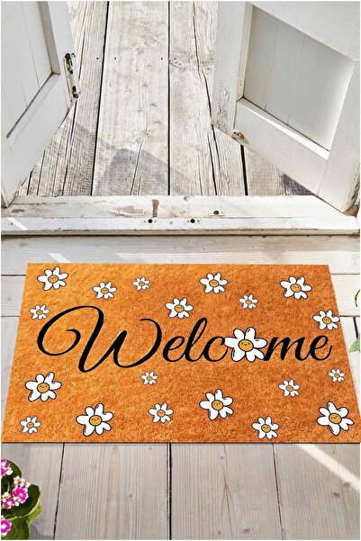 menesahome Orange Floor Daisy Patterned Welcome Written Door Mat Set of Digit...