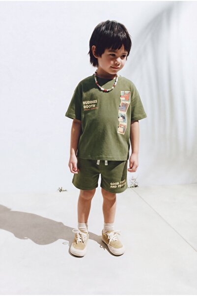Magu طقم شورت تي شيرت كاكي مطبوع مكون من قطن قطع للأطفال من الجنسين
