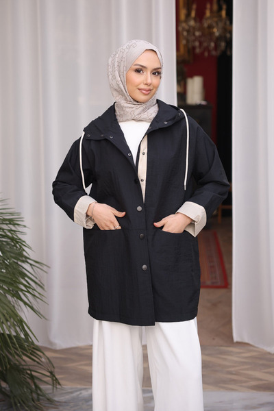 İmajButik Black Hooded Snap Button Trench Coat