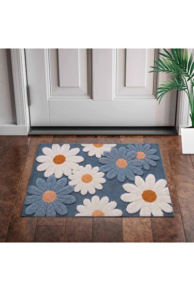 menesahome Modern Blue Floor Large Daisy Patterned Digital Print Door Mat