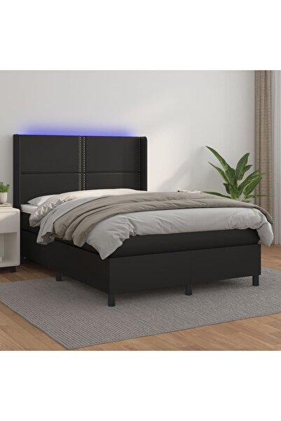 Concept Κρεβάτι με ελατήρια, στρώμα και LED, μαύρο, 140x200 cm, Δερμάτινο