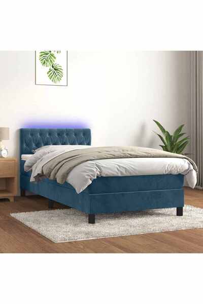 Concept Pat cu arcuri, saltea și LED, bleumarin, 90x200 cm, catifea