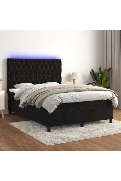 Concept Κρεβάτι με ελατήρια, στρώμα και LED, μαύρο, 140x190 cm, Βελούδο