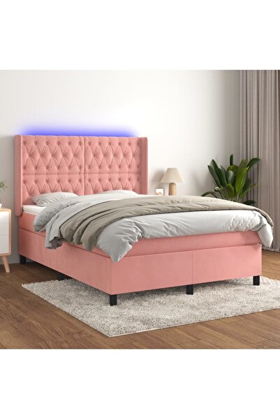 Concept Pat cu arcuri, cu saltea și LED, roz, 140x190 cm catifea