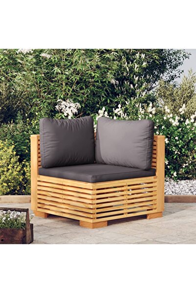 Concept Γωνιακός καναπές κήπου με σκούρα γκρι μαξιλάρια από μασίφ ξύλο τικ