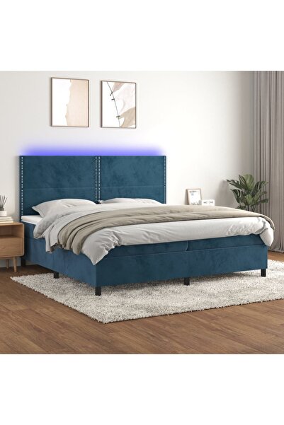 Concept Pat cu arcuri, saltea și LED, bleumarin, 200x200 cm, catifea