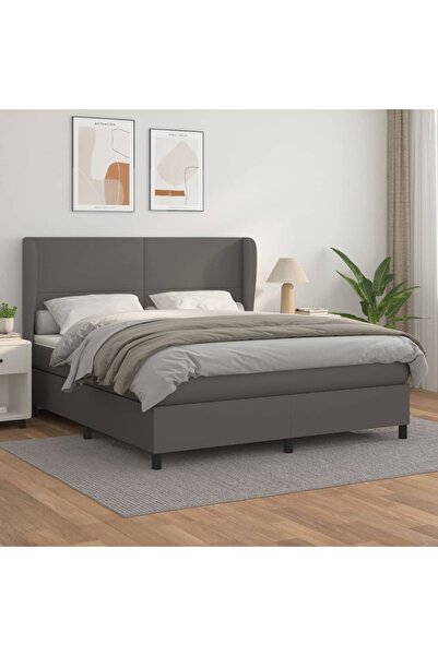 Concept Pat cu arcuri, cu saltea, gri, 180x200 cm, piele ecologică