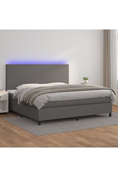 Concept Pat cu arcuri, saltea și LED, gri, 200x200 cm, piele ecologică