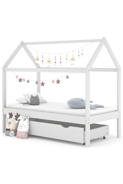 Concept Cadru pat de copii cu un sertar, alb, 80x160 cm, lemn masiv pin