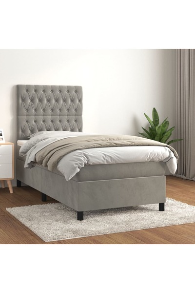 Concept Pat box spring cu saltea, gri deschis, 90x190 cm, catifea