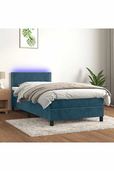 Concept Pat cu arcuri, saltea și LED, bleumarin, 100x200 cm, catifea