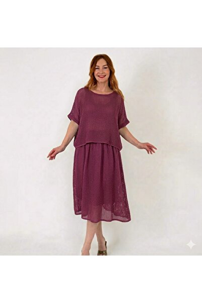 AYASOFYA OTANTIK Γυναικείο ιταλικό φόρεμα λιλά με απλό σχέδιο από διχτυωτό ύφ...