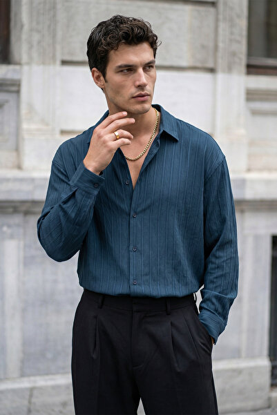 Livio Ferri Maze Premium Oversized Men's Shirt Textured Striped