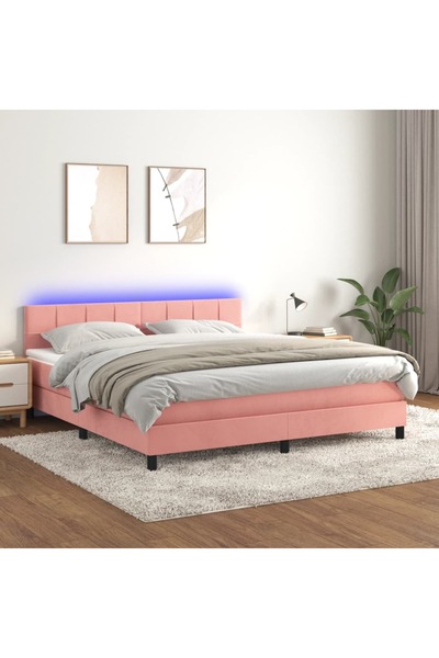 Concept Pat cu arcuri, saltea & LED, roz, 180x200 cm, catifea